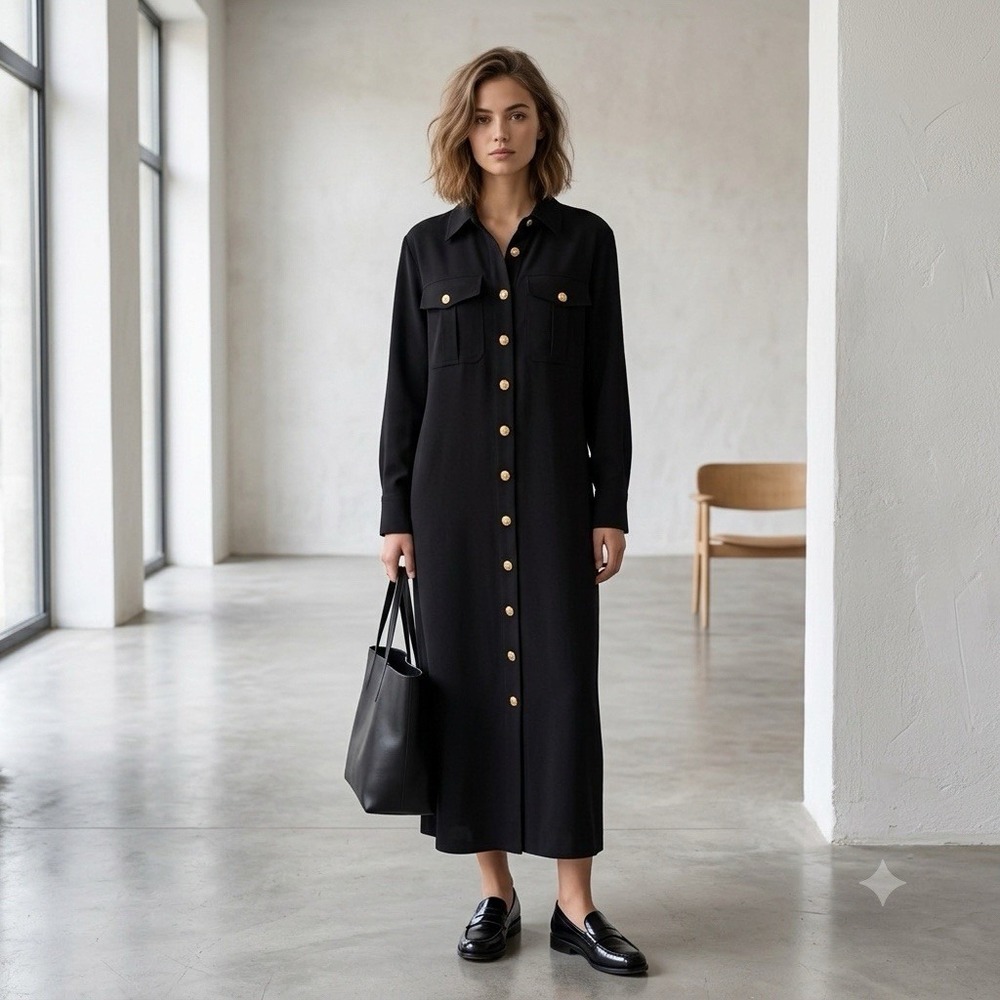 Veronica Beard Shirt Dress Women 10 Black Crest Button Minimalist Quiet Luxury